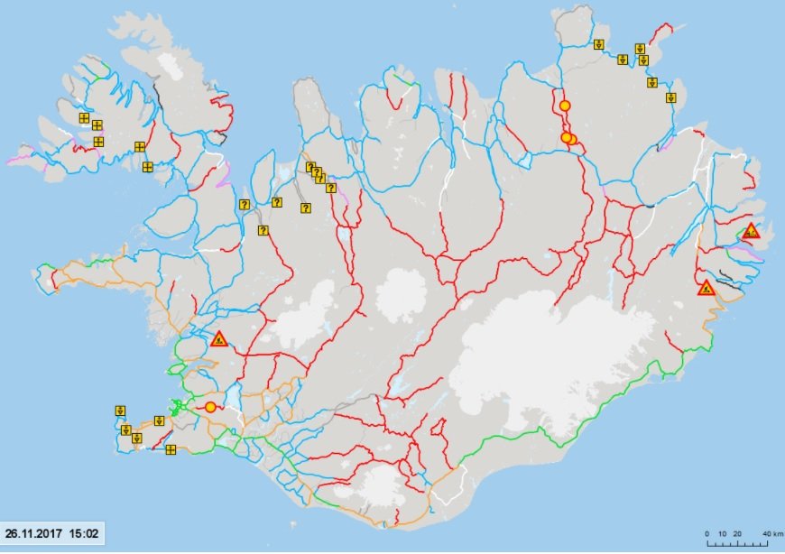 Mapa das condições das estradas da Islândia em Nov-2017 - fonto road.is